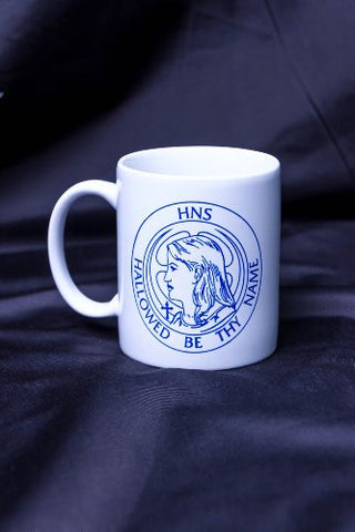850 HNS Coffee Mug, white with blue text